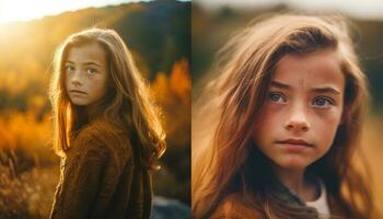 carino ragazza sorridente nel autunno foresta tramonto generato di ai foto
