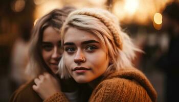 giovane donne Abbracciare una persona nel caldo autunno divertimento generato di ai foto