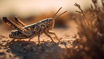 spinoso dalle gambe locusta striscia su verde foglia generato di ai foto