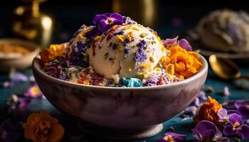 fresco mirtillo ghiaccio crema coppa di gelato guarnita nel fiore vaso generato di ai foto