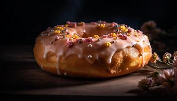 appena al forno ciambella con cioccolato glassatura tentazione generato di ai foto