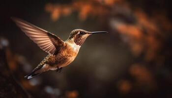 colibrì sbattimento Ali, librarsi medio aria, vivace colori generato di ai foto