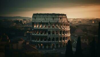 tramonto si illumina antico italiano rovine nel panoramico Visualizza generato di ai foto