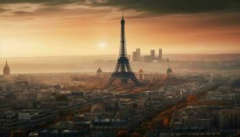maestoso Parigi orizzonte a crepuscolo, illuminato romanza generato di ai foto