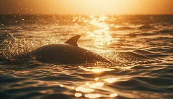 giocoso delfino spruzzi nel tranquillo paesaggio marino riflessione generato di ai foto