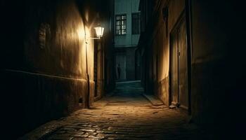 spaventoso lanterna si illumina vecchio, abbandonato edificio esterno generato di ai foto