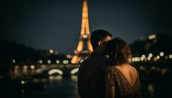 giovane coppia baci sotto illuminato strada leggero generato di ai foto