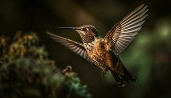 colibrì librarsi medio aria, iridescente piume diffusione generato di ai foto