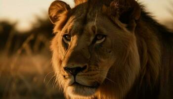 maestoso leonessa fissando a tramonto nel savana generato di ai foto
