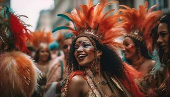 giovane donne nel tradizionale capi di abbigliamento danza samba generato di ai foto