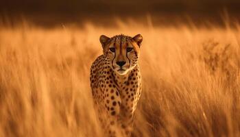 maestoso ghepardo a piedi nel africano savana erba generato di ai foto