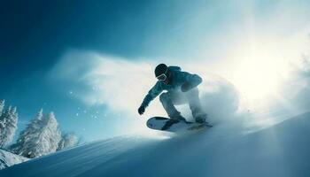 uomini Snowboard estremo, salto montagna acrobazia avventura generativo ai foto