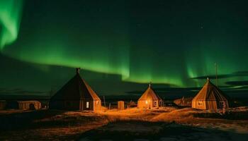 illuminato montagna si illumina nel vivace stellato notte generativo ai foto