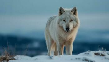 artico lupo in piedi nel neve, ululato a voce alta generativo ai foto