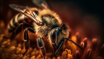 occupato miele ape Lavorando su giallo fiore generato di ai foto