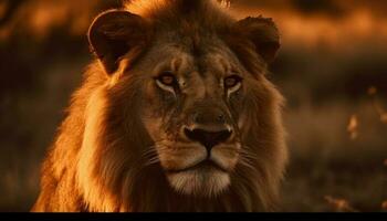 maestoso leonessa fissando a telecamera nel savana generato di ai foto