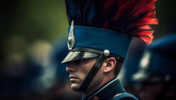 fiducioso esercito soldato nel uniforme con arma generato di ai foto