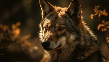 grigio lupo guardare lontano, inverno foresta ritratto generato di ai foto