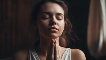 giovane adulto donna Meditare nel sereno solitudine generato di ai foto