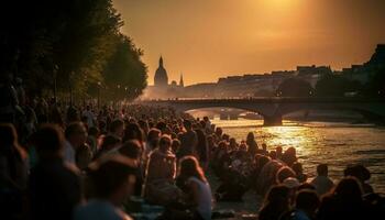 silhouette di città vita, indietro illuminato tramonto generato di ai foto