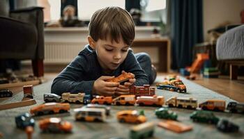 carino caucasico bambino piccolo giocando con giocattolo auto in casa generato di ai foto