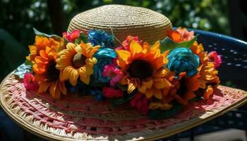 fresco fiore testa decorazione nel Multi colorato cannuccia cappello generato di ai foto