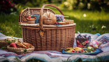 fresco biologico frutta e pane per picnic pasto generato di ai foto