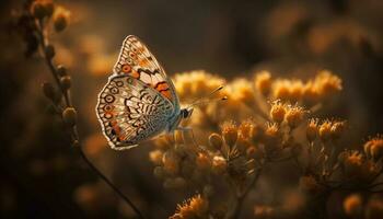 vivace farfalla su giallo fiore nel natura generato di ai foto