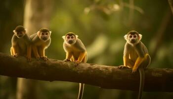 giovane scimmia famiglia seduta su albero ramo generato di ai foto
