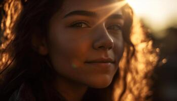 giovane donna sorridente, godendo natura bellezza generato di ai foto