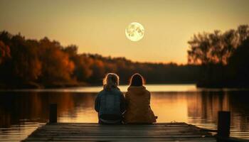 Due sorelle seduta su molo, godendo tramonto generato di ai foto
