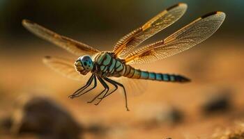 vivace libellula ala nel estate luce del sole all'aperto generato di ai foto