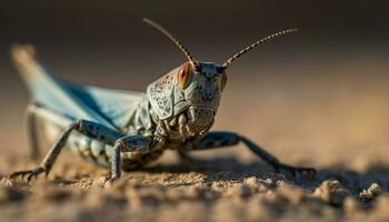 giallo locusta gamba su sabbia, spaventoso notte generato di ai foto