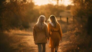 Due donne Abbracciare una persona nel natura, sorridente felicemente generato di ai foto