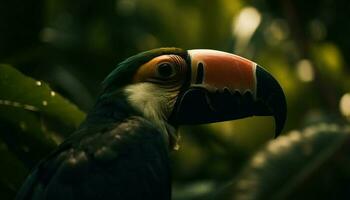 vivace tucano arroccato su ramo nel foresta pluviale generato di ai foto