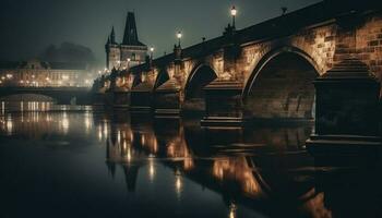 medievale architettura illuminato di lanterne al di sopra di acqua generato di ai foto