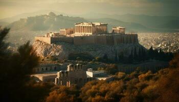 maestoso rovine di antico greco civiltà illuminato a crepuscolo generato di ai foto