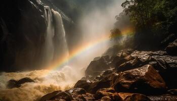 tranquillo scena maestoso cascata fluente nel autunno generato di ai foto