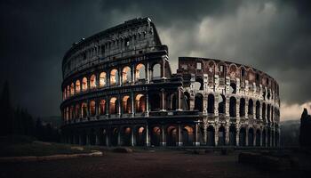 maestoso architettura illuminato a notte, antico rovine generato di ai foto