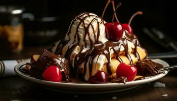 buongustaio cioccolato dolce con fresco bacca frutta generato di ai foto