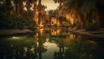 tropicale palma alberi riflettere nel tranquillo piscina acqua generato di ai foto