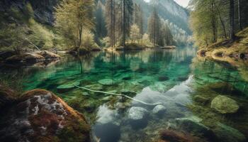 maestoso montagna picco riflette nel tranquillo stagno generato di ai foto