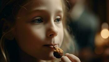sorridente ragazza godendo cioccolato biscotto in casa a notte generato di ai foto