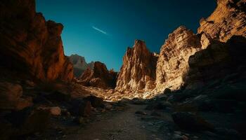 maestoso montagna gamma, eroso arenaria scogliera, tramonto bellezza generato di ai foto
