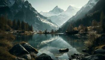 maestoso montagna picco riflette tranquillo autunno bellezza generato di ai foto