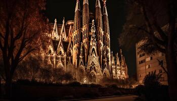 Gotico basilica illuminato di lanterne a crepuscolo generato di ai foto