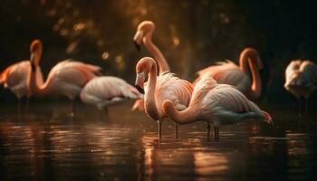 fenicotteri guadare nel tranquillo rosa stagno riflessione generato di ai foto