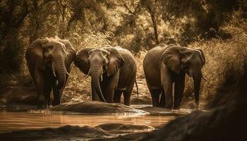 grande africano elefante mandria a piedi attraverso tranquillo natura selvaggia generato di ai foto