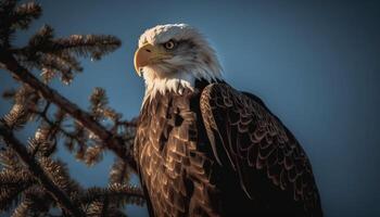 maestoso Calvo aquila perching su albero ramo generato di ai foto