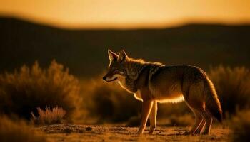 maestoso lupo in piedi nel crepuscolo su savana generato di ai foto